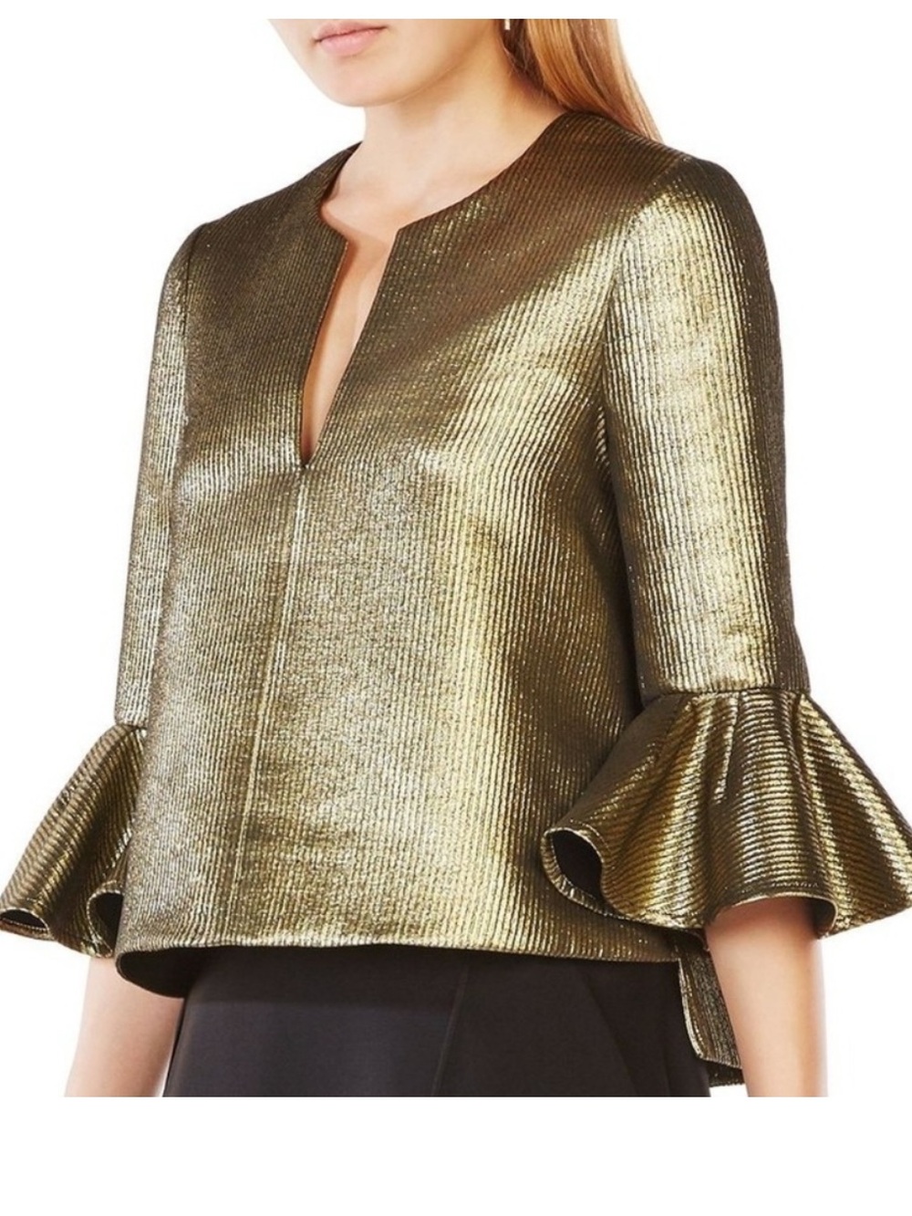 BCBGMAXAZRIA Valari Metallic Gold Bell Sleeve Top S